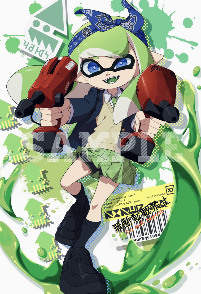 1girl, aiming, aiming_at_viewer, bandana, black_footwear, black_shorts, blazer, blue_bandana