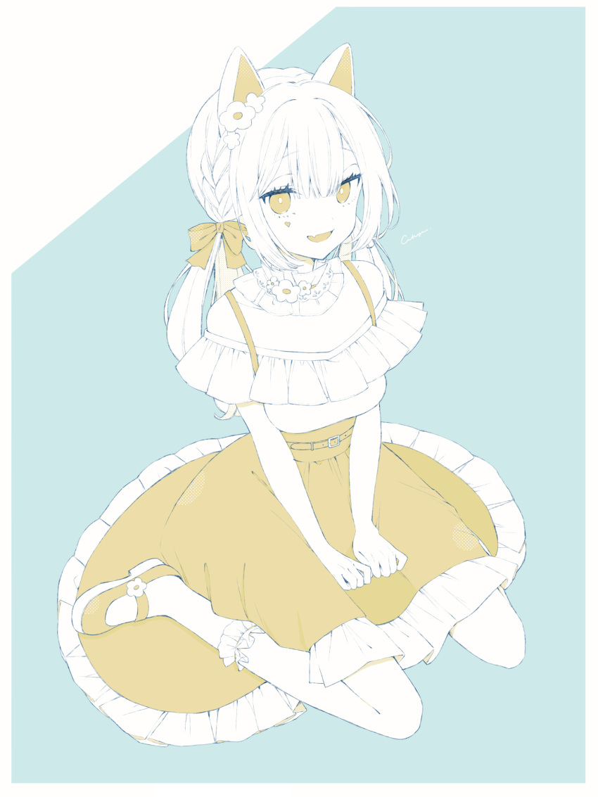 1girl, :d, akiyu, animal_ears, belt, blue_background, border, braid