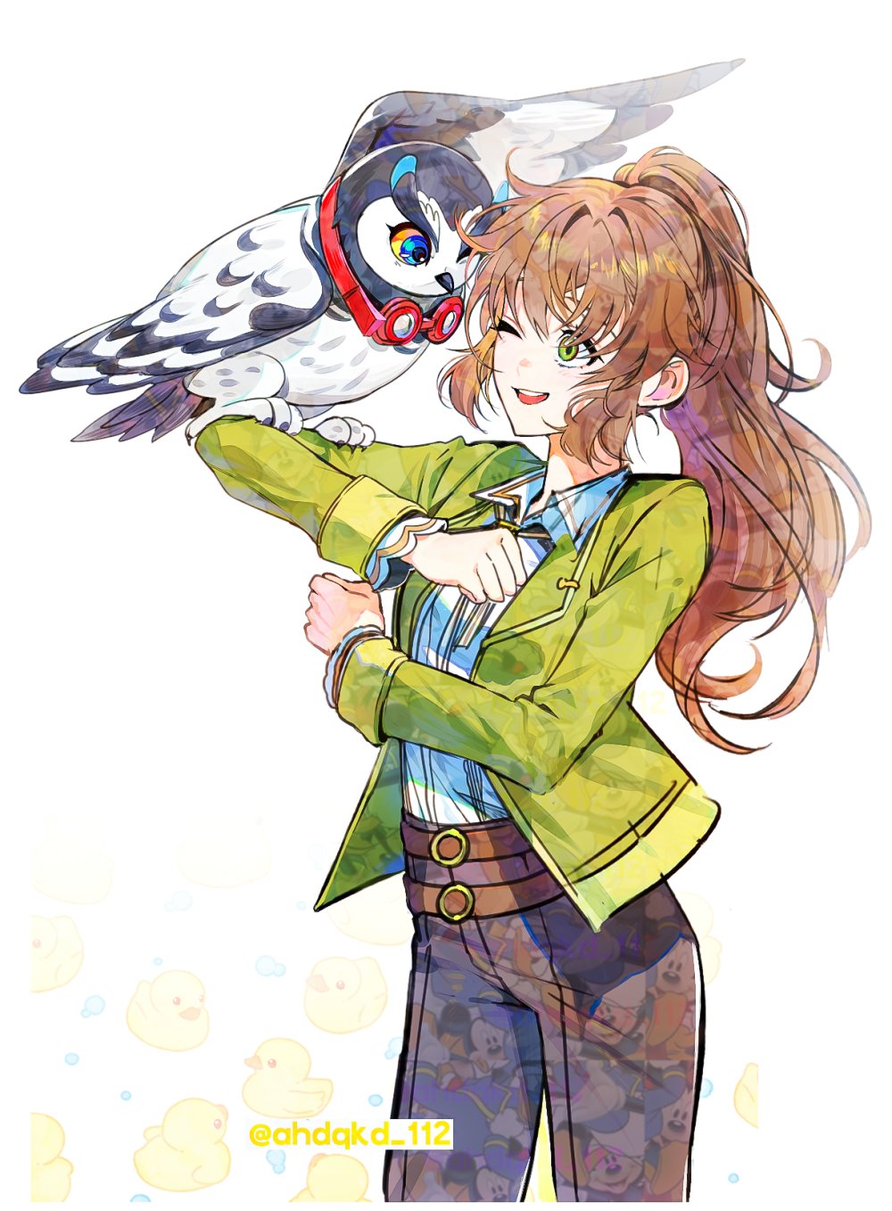 1girl, 1other, ahdqkd_112, animal, animal_on_arm, antenna_hair, bird, bird_on_arm, bolo_tie, brown_hair, denim, eiyuu_densetsu, goggles, goggles_around_neck, green_eyes, hair_between_eyes, highres, jacket, jeans, kai_no_kiseki, kuro_no_kiseki_(series), long_hair, looking_at_viewer, one_eye_closed, owl, pants, ponytail, sidelocks, simple_background, smile, solo, towa_herschel, twitter_username, wavy_hair, white_background