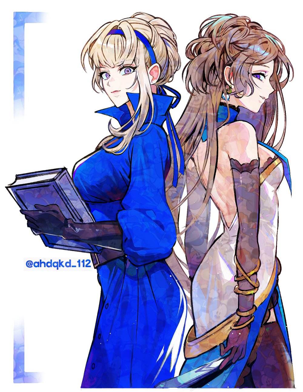 2girls, ahdqkd_112, backless_dress, backless_outfit, bare_back, bare_shoulders, black_gloves, blonde_hair, book, bracelet, brown_hair, coat, dress, earrings, eiyuu_densetsu, elbow_gloves, floating_hair, gloves, hair_bun, high_collar, highres, holding, holding_book, jewelry, long_hair, looking_at_viewer, margaret_(persona), multiple_girls, parted_bangs, persona, persona_4, sen_no_kiseki_(series), sidelocks, simple_background, smile, thigh-highs, trench_coat, twitter_username, violet_eyes, vita_clotilde, wavy_hair, white_background