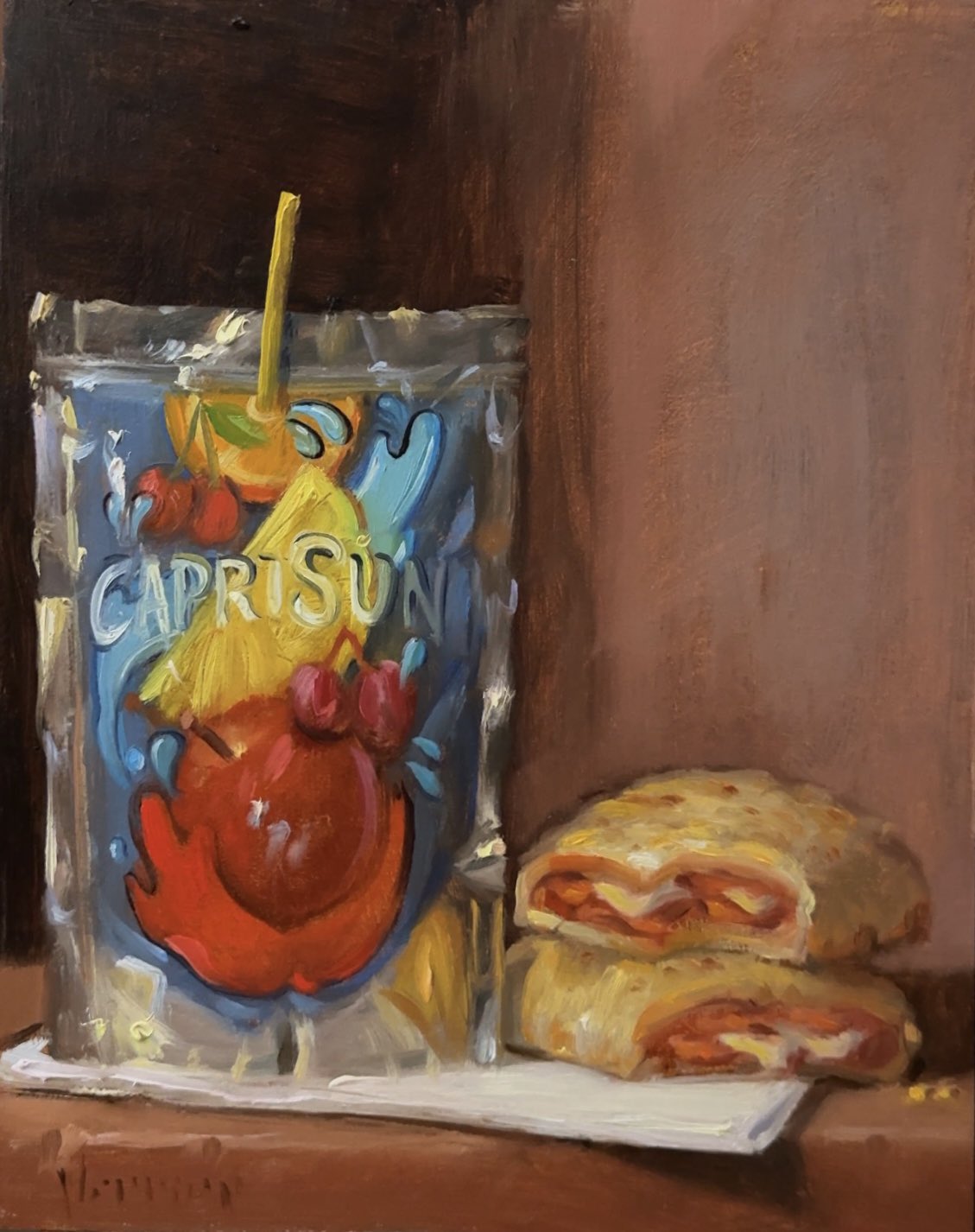 capri-sun, cheese, drink_pouch, drinking_straw, food, food_focus, highres, hot_pocket, no_humans, noah_verrier, oil_painting_(medium), original, painting_(medium), still_life, table, traditional_media
