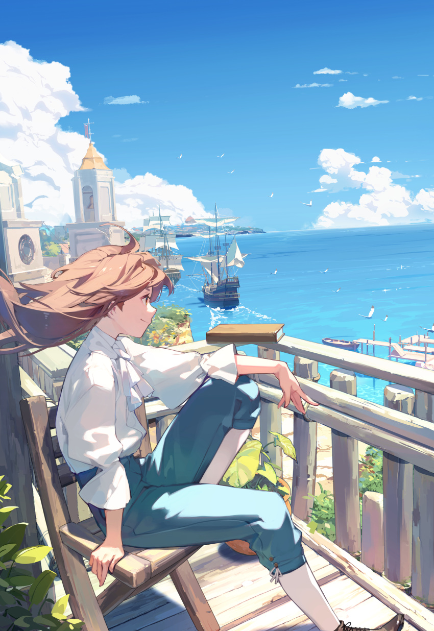 1girl, absurdres, ahoge, arm_on_knee, arm_support, ascot, bell, bell_tower