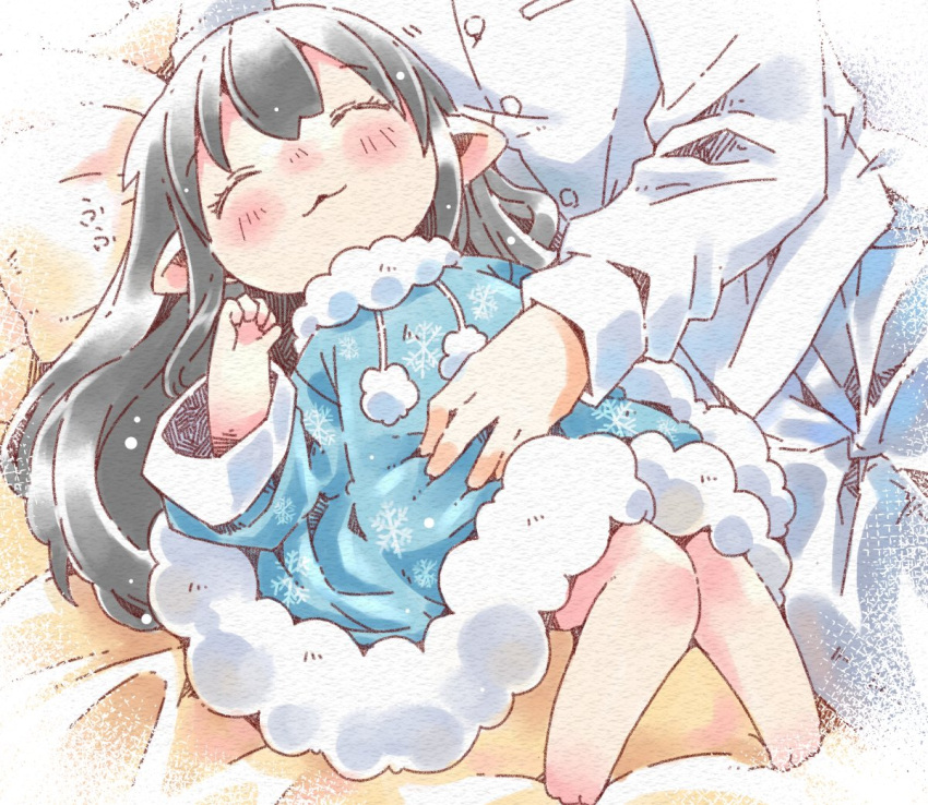 1boy, 1girl, :3, arm_up, barefoot, bed, black_hair, blue_dress