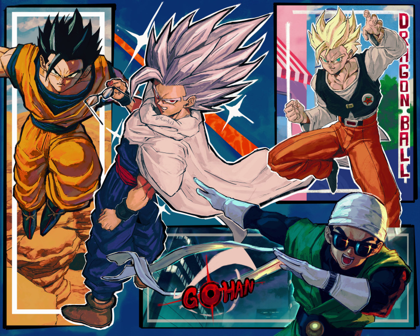 1boy, absurdres, bandana, black_bodysuit, black_eyes, black_vest, blue_footwear, blue_shirt, bodysuit, boots, cape, character_name, copyright_name, dougi, dragon_ball, dragon_ball_super, dragon_ball_super_super_hero, dragon_ball_z, fighting_stance, gloves, gohan_beast, great_saiyaman, green_eyes, green_tunic, highres, kornart, long_hair, male_focus, multiple_views, orange_pants, orange_shirt, pants, posing, potential_unleashed, purple_pants, purple_shirt, red_eyes, shirt, short_hair, son_gohan, spiky_hair, super_saiyan, super_saiyan_1, tunic, vest, white_bandana, white_cape, white_gloves, white_hair, white_shirt