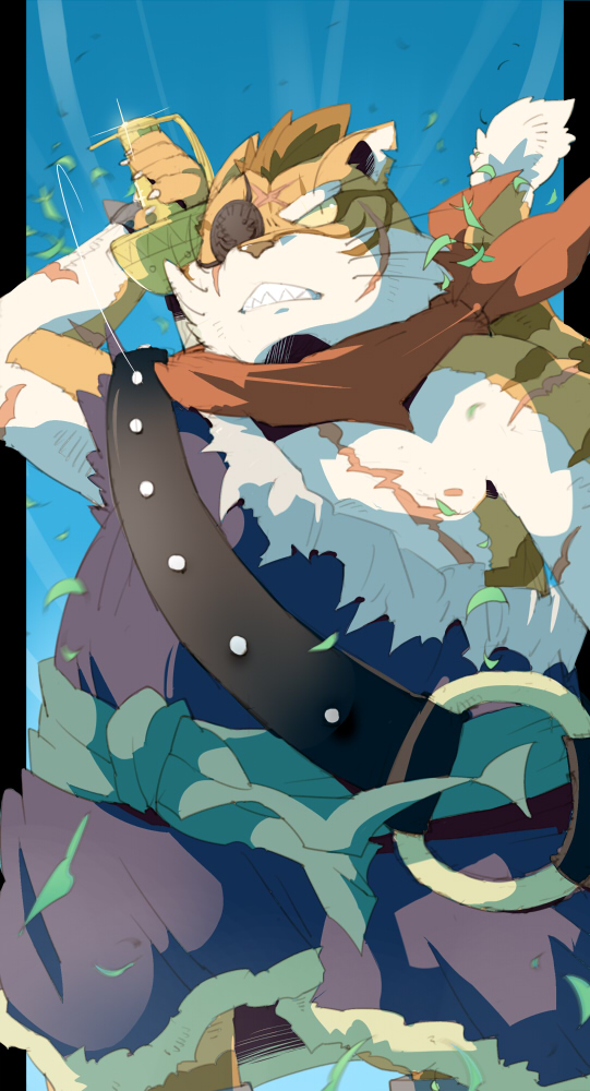 1boy, black_border, blue_sky, border, cat_boy, cat_riberio, clenched_teeth, colored_sclera, commentary_request, dragon_quest, dragon_quest_x, eyepatch, floating_clothes, furry, furry_male, grass, harness, holding, holding_sword, holding_weapon, konsuke_(will), looking_to_the_side, male_focus, neckerchief, o-ring, o-ring_harness, one-shoulder_tunic, plump, purple_tunic, red_neckerchief, scar, scar_on_arm, scar_on_chest, scar_on_face, sharp_teeth, sky, slit_pupils, solo, striped_fur, sword, sword_on_back, teeth, tunic, weapon, weapon_on_back, whiskers, yellow_sclera