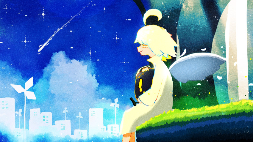 ahoge, angel, angel_wings, blonde_hair, blue_sky, building, city, closed_eyes