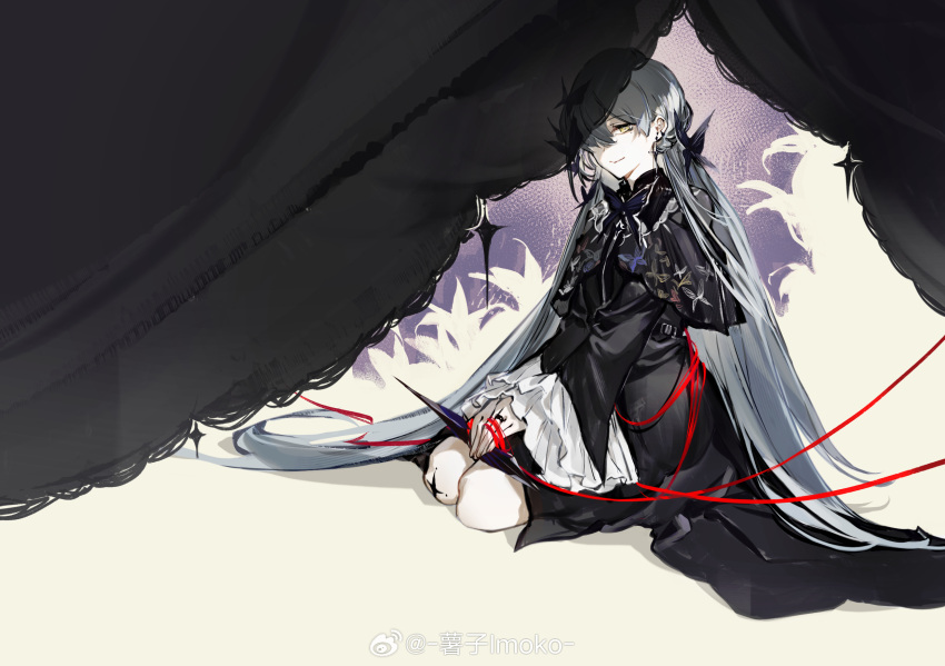 1girl, black_butterfly, black_dress, bug, butterfly, butterfly_hair_ornament, chinese_commentary, closed_mouth