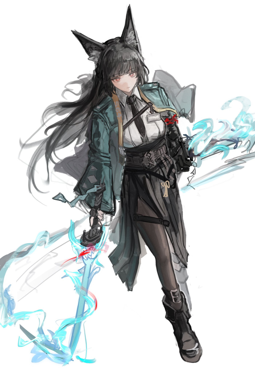 1girl, animal_ear_fluff, animal_ears, black_footwear, black_gloves, black_hair, black_necktie, black_skirt