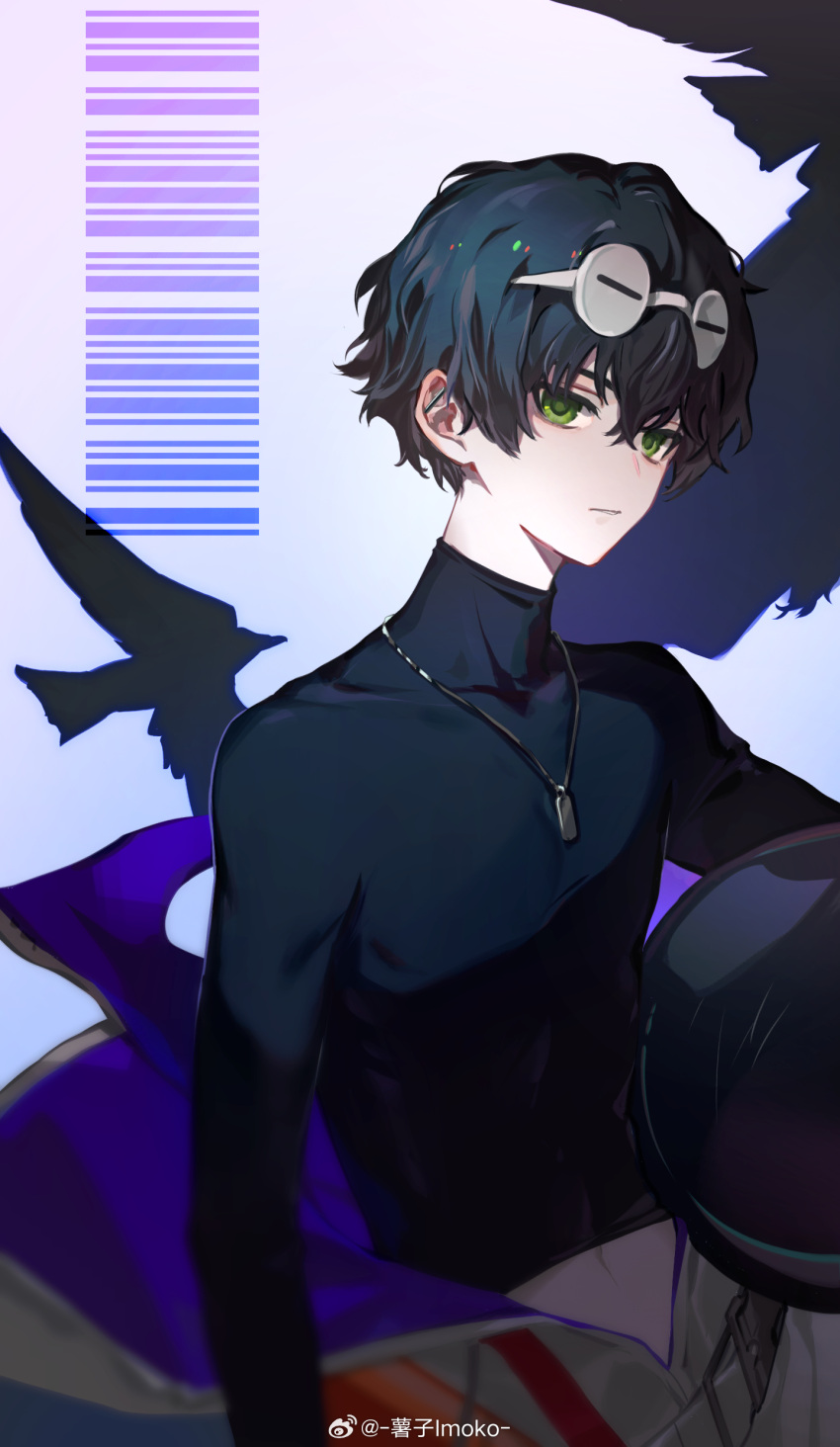 1boy, absurdres, barcode, bird, black_hair, black_shirt, chinese_commentary, closed_mouth