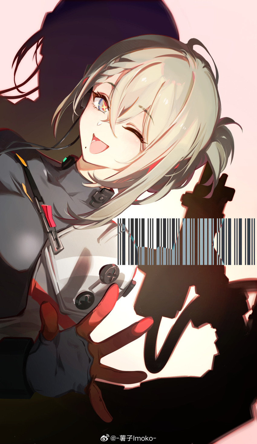 1girl, absurdres, barcode, chinese_commentary, commentary, de_lacey_(neural_cloud), english_commentary, girls'_frontline_neural_cloud, girls_frontline, green_hair, highres, imoko_(imonatsuki), long_hair, mixed-language_commentary, mole, mole_under_mouth, one_eye_closed, open_mouth, simple_background, smile, solo, star-shaped_pupils, star_(symbol), symbol-shaped_pupils, weibo_logo, weibo_watermark