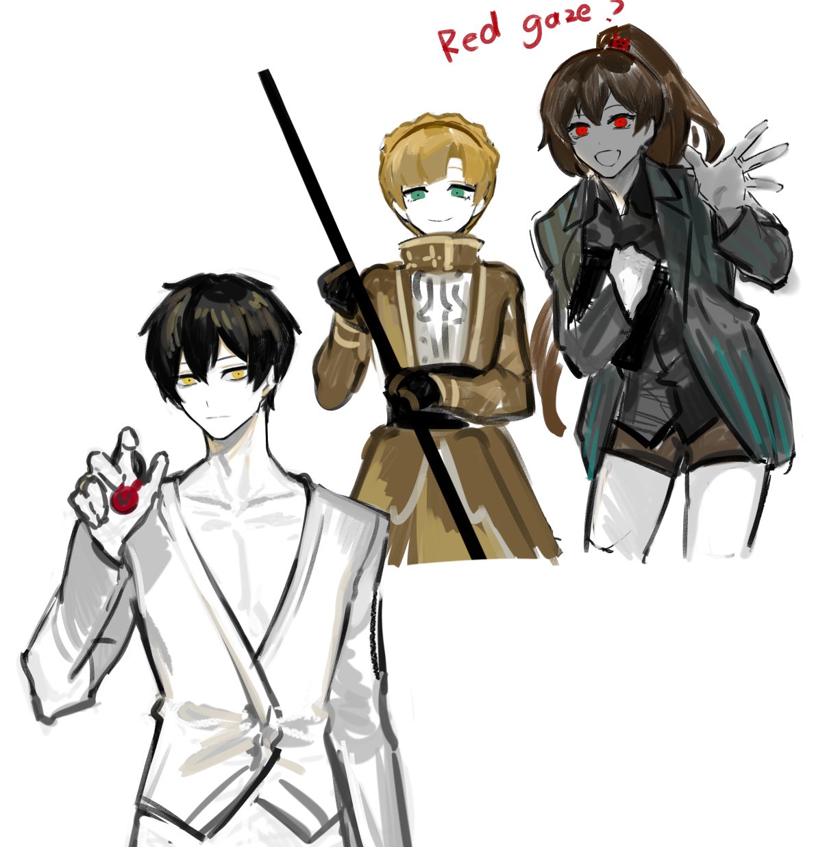 ayin_(project_moon), bear_hair_ornament, black_gloves, black_hair, black_shirt, blonde_hair, brown_hair, carmen_(project_moon)