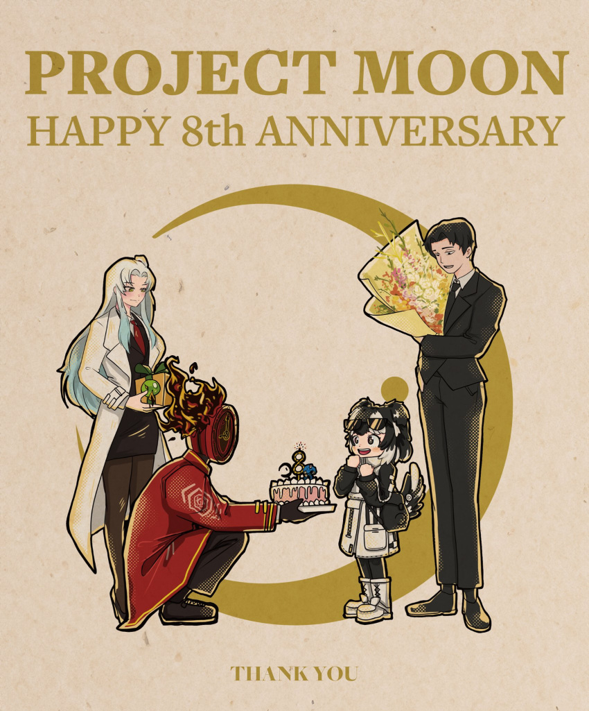 1boy, 1girl, 2others, angela_(project_moon), animal_ears, anniversary, bag, black_eyes