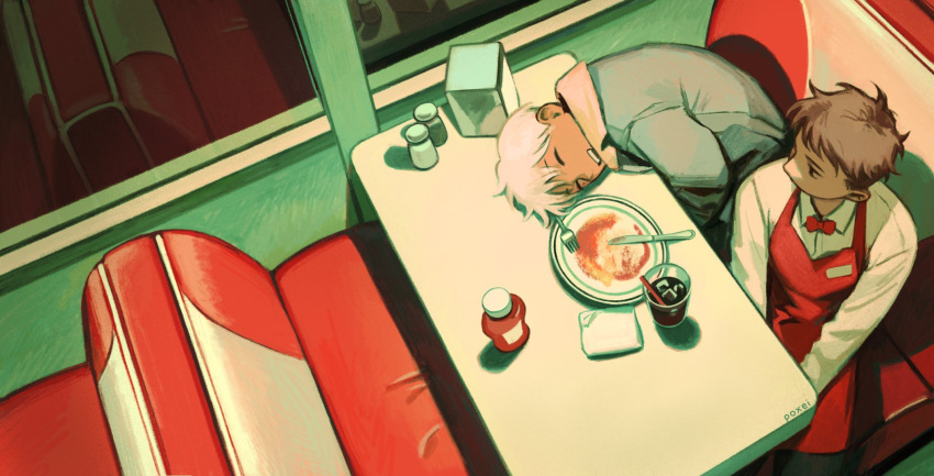 2boys, apron, artist_name, blue_jacket, booth_seating, bow, bowtie, brown_hair, closed_eyes, collared_jacket, collared_shirt, commentary, dark-skinned_male, dark_skin, diner, drink, drinking_straw, english_commentary, fork, from_above, glass, head_on_table, highres, ice, ice_cube, jacket, jitome, ketchup_bottle, knife, long_sleeves, looking_at_another, male_focus, multiple_boys, napkin, napkin_holder, open_mouth, original, pepper_shaker, plate, poxeii, red_apron, red_bow, red_bowtie, reflection, salt_shaker, shirt, short_hair, sitting, sleeping, teeth, utensil, white_hair, white_shirt, window, wing_collar
