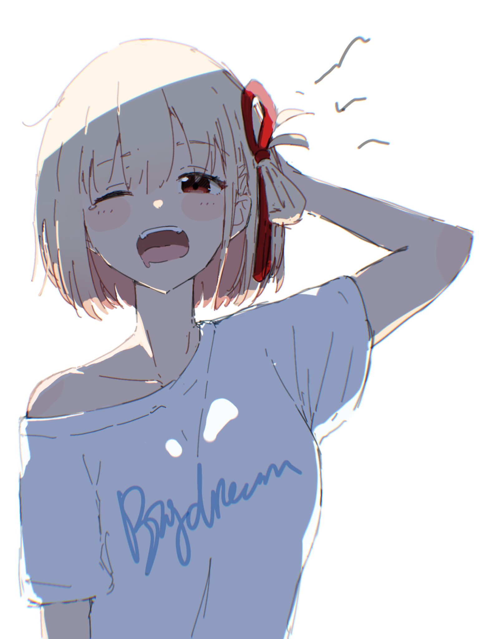 1girl, ama_(ama_ekaku), blonde_hair, blush, bob_cut, clothes_writing, collarbone, drooling, hair_ribbon, highres, looking_at_viewer, lycoris_recoil, mouth_drool, nishikigi_chisato, one_side_up, open_mouth, red_eyes, red_ribbon, ribbon, short_hair, short_sleeves, simple_background, single_bare_shoulder, single_off_shoulder, solo, teeth, upper_teeth_only, white_background, yawning