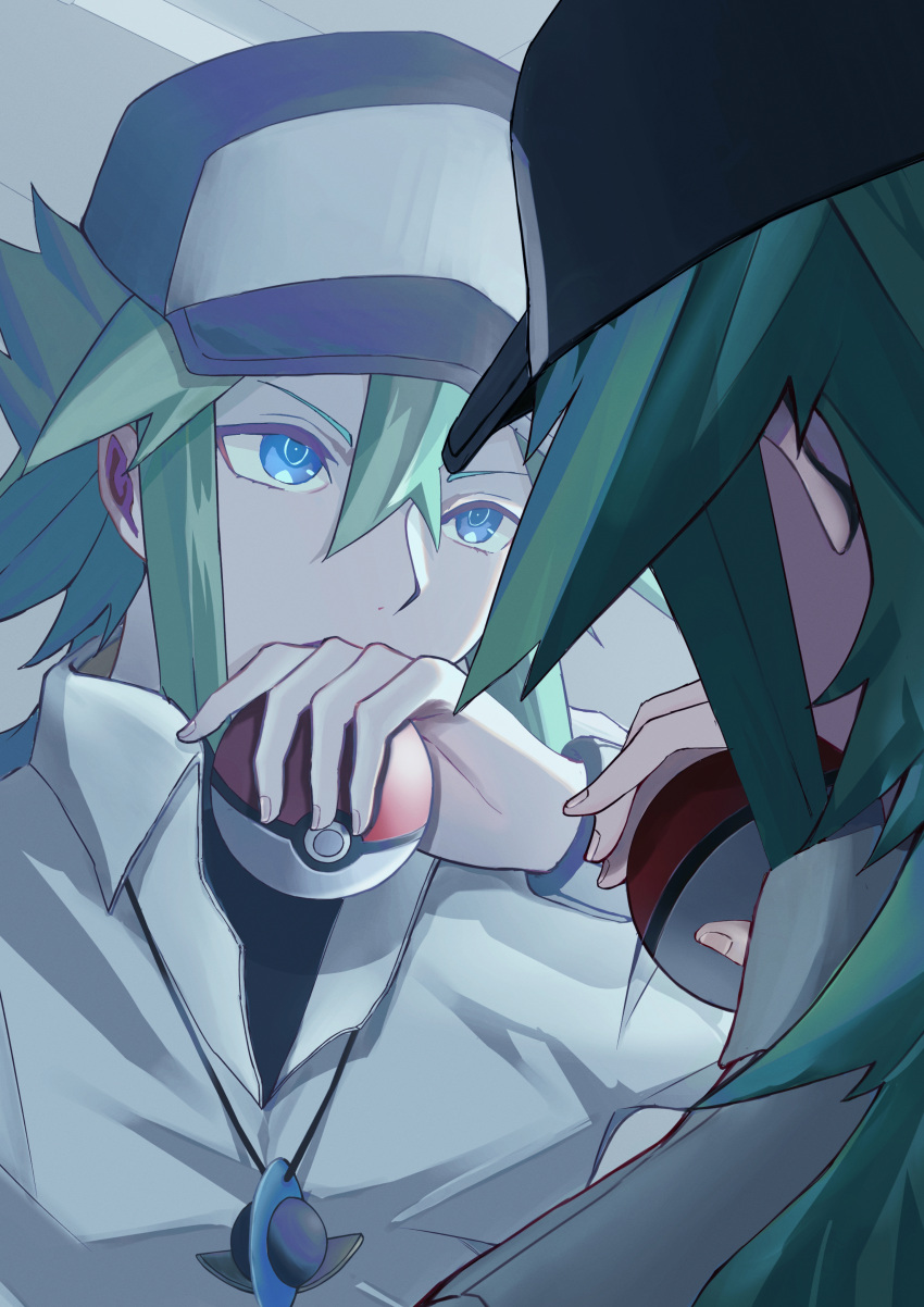 1girl, absurdres, baseball_cap, black_undershirt, blue_eyes, green_hair, hat, highres