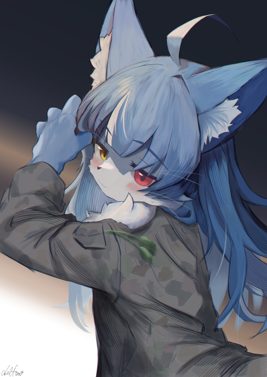 1boy, ahoge, animal_ear_fluff, animal_ears, blue_hair, blush, cat_boy, cat_ears