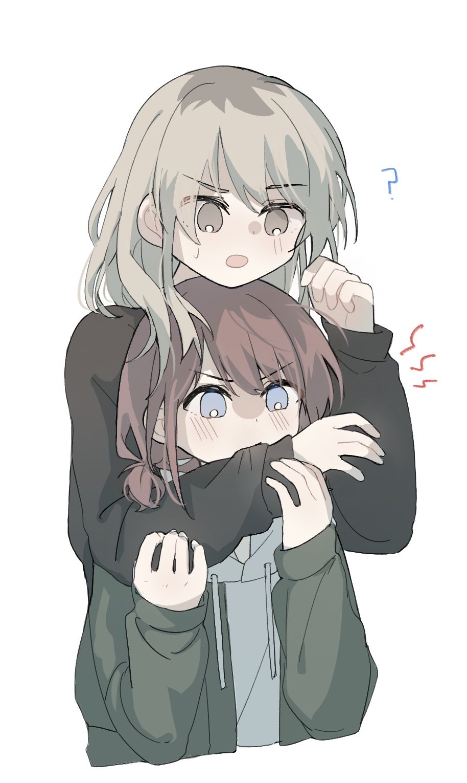 2girls, ?, biting_another's_clothes, black_sweater, blue_eyes, blush, brown_hair, commentary