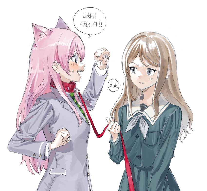 2girls, anger_vein, animal_ears, bang_dream!, bang_dream!_it's_mygo!!!!!, blazer, blue_shirt, blue_skirt