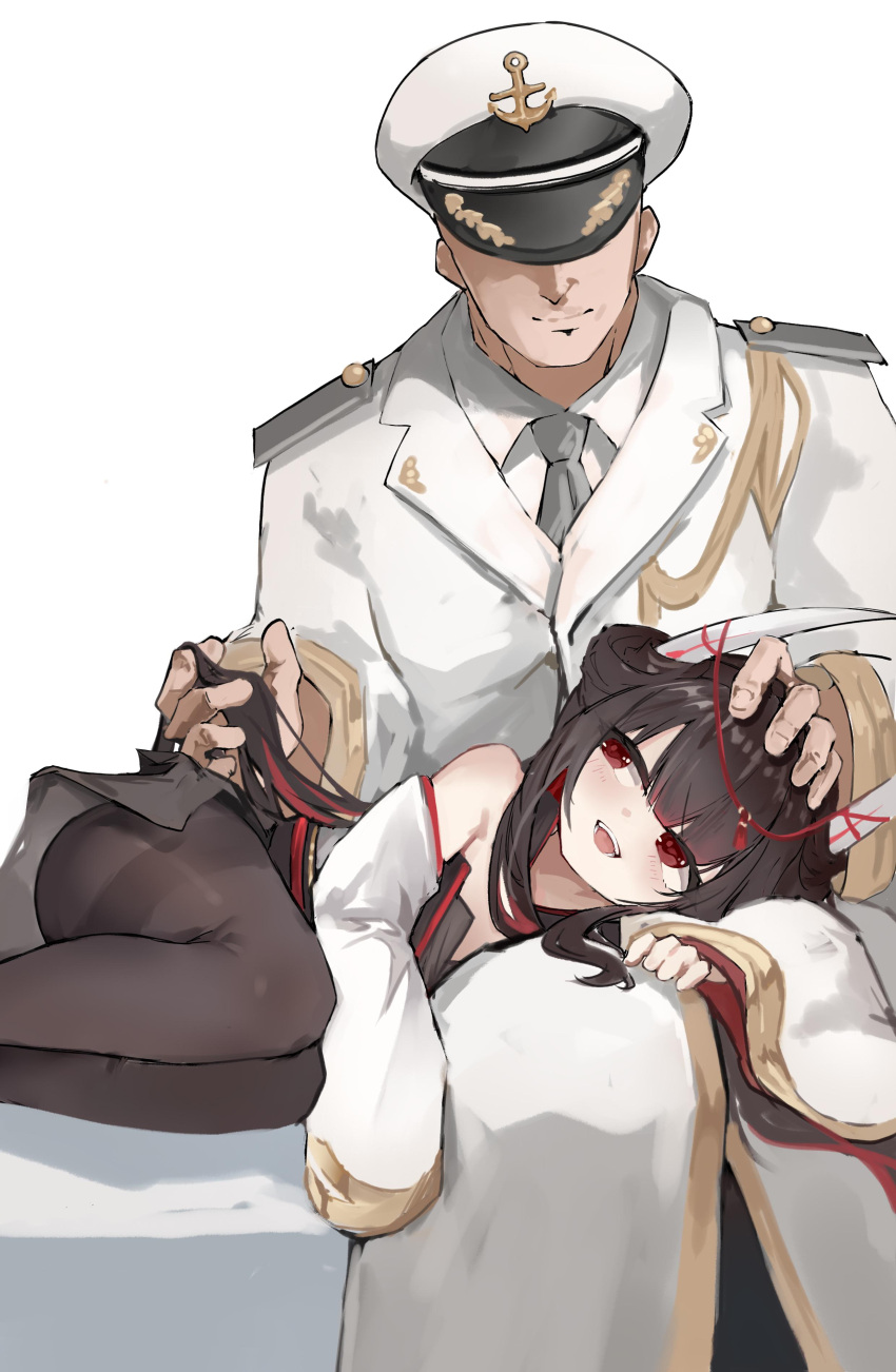 1boy, 1girl, absurdres, aiguillette, artist_request, azur_lane, black_hair, black_necktie, black_pantyhose, closed_mouth, collared_shirt, colored_inner_hair, commander_(azur_lane), epaulettes, hat, hatsuzuki_(azur_lane), headpat, highres, horns, japanese_clothes, lap_pillow, light_blush, long_hair, military_uniform, multicolored_hair, naval_uniform, necktie, open_mouth, pantyhose, peaked_cap, playing_with_another's_hair, redhead, shirt, simple_background, smile, third-party_source, white_background, white_hat, white_shirt