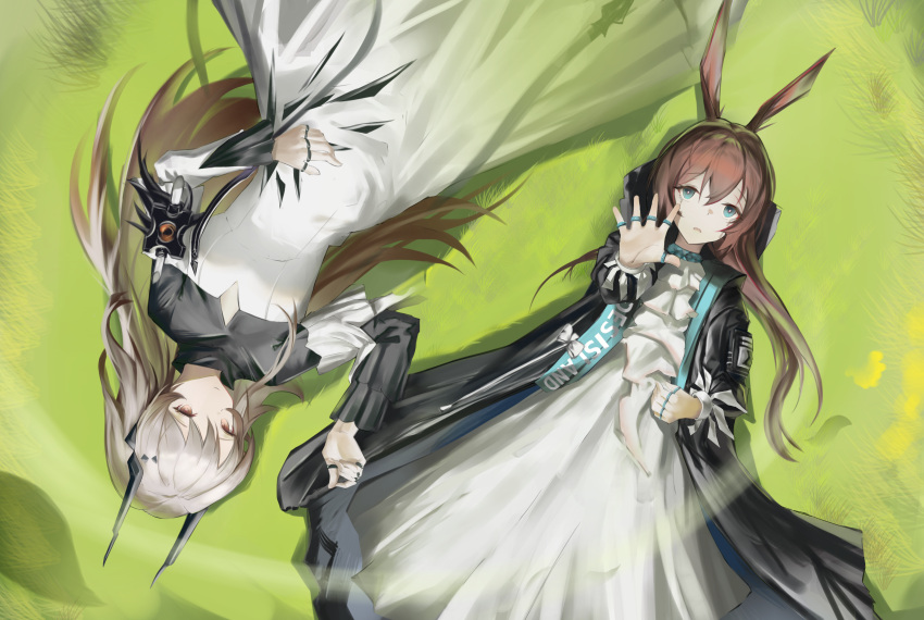 1girl, 2girls, absurdres, amiya_(arknights), amiya_(medic)_(arknights), animal_ears, arknights, black_coat