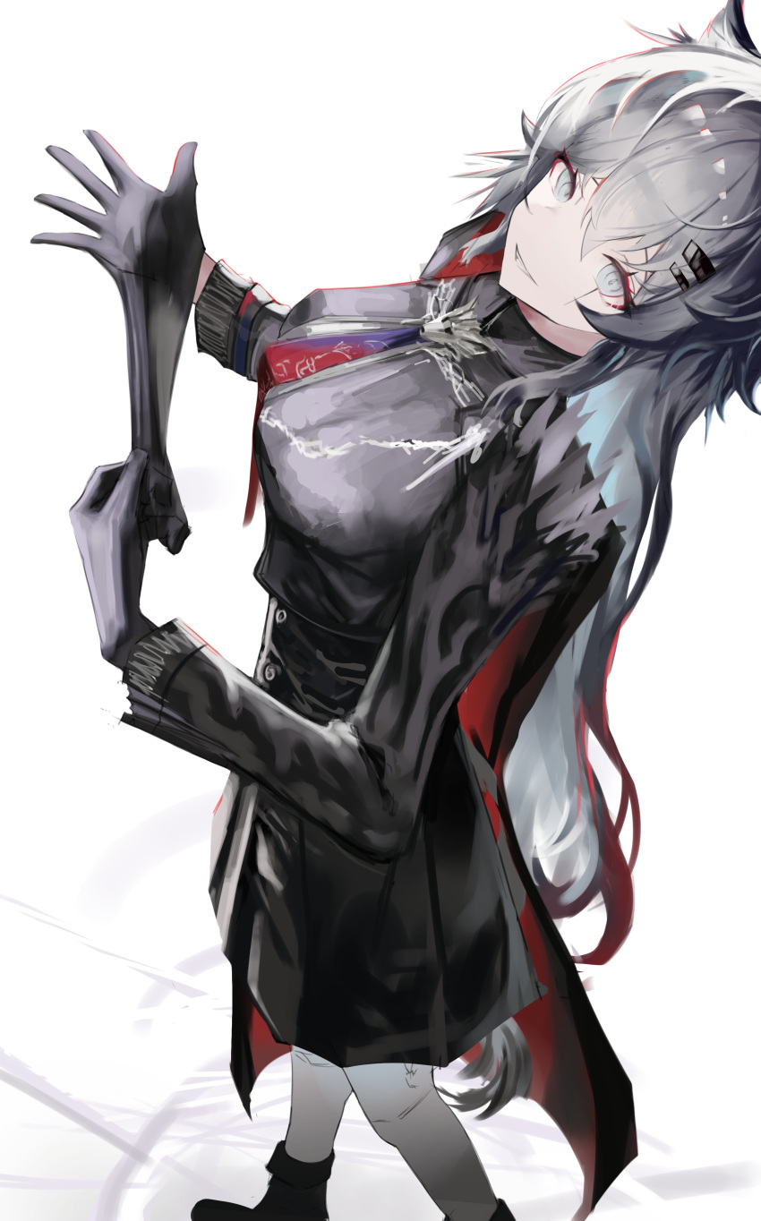 1girl, absurdres, animal_ears, arknights, black_coat, black_gloves, black_skirt, breasts, coat, commentary, gloves, grey_hair, hair_between_eyes, hair_ornament, hairclip, highres, lappland_(arknights), lappland_the_decadenza_(arknights), long_hair, long_sleeves, looking_at_viewer, medium_breasts, mikkan, necktie, parted_lips, putting_on_gloves, red_necktie, scar, scar_across_eye, simple_background, skirt, solo, tail, white_background, wolf_ears, wolf_girl, wolf_tail