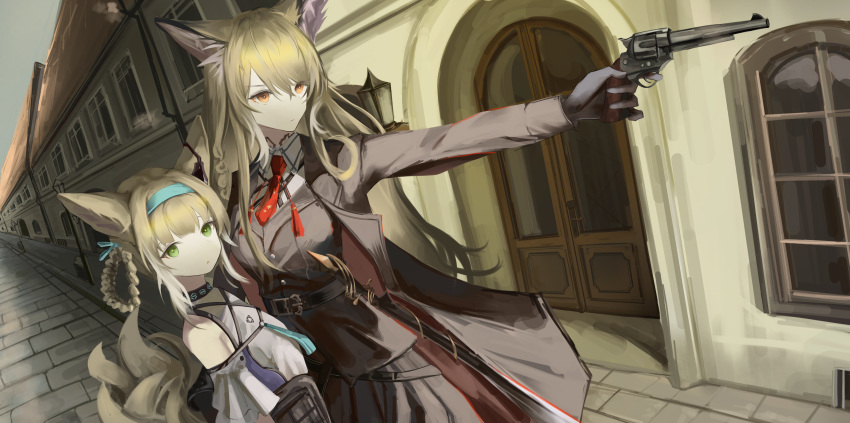 2girls, absurdres, animal_ear_fluff, animal_ears, arknights, black_coat, black_gloves, black_vest