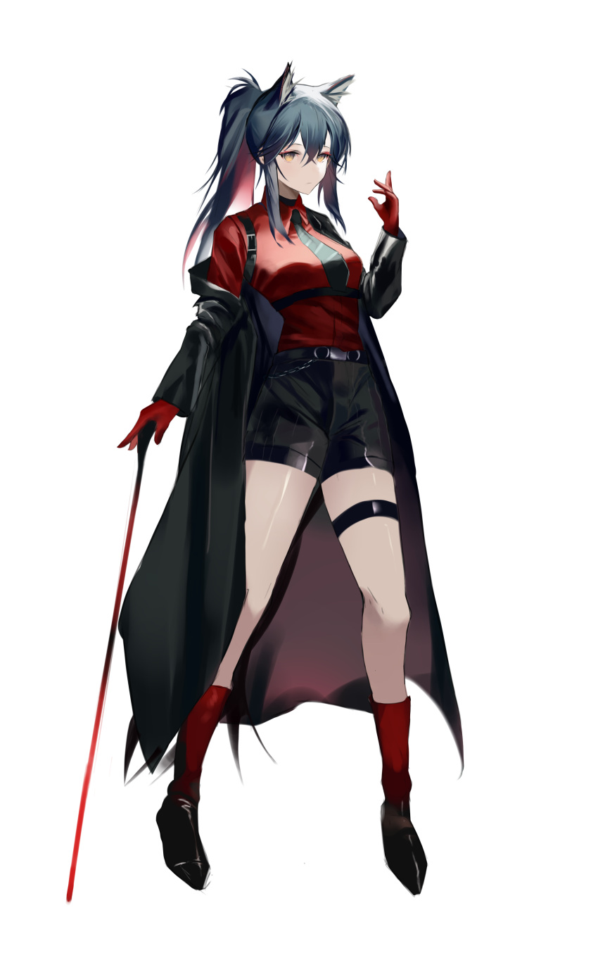 1girl, absurdres, animal_ears, arknights, black_coat, black_footwear, black_hair, black_necktie