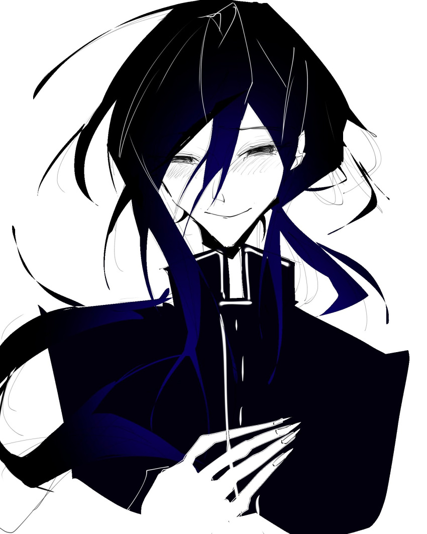 black_eyes, black_jacket, evil_smile, hands_up, highres, jacket, kunai_tadashi, long_hair