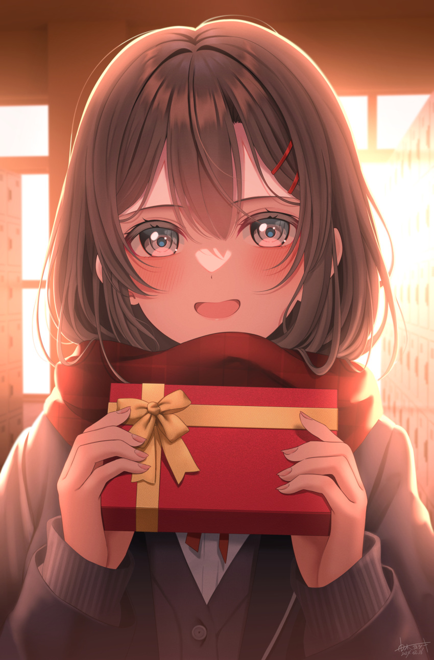 1girl, box, cardigan, commentary_request, getabako, gift, gift_box, grey_eyes