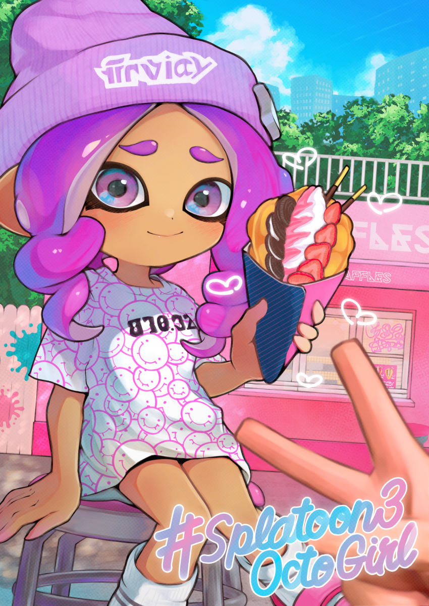 1girl, 1other, beanie, black_shorts, blush, closed_mouth, clothes_writing, colored_extremities