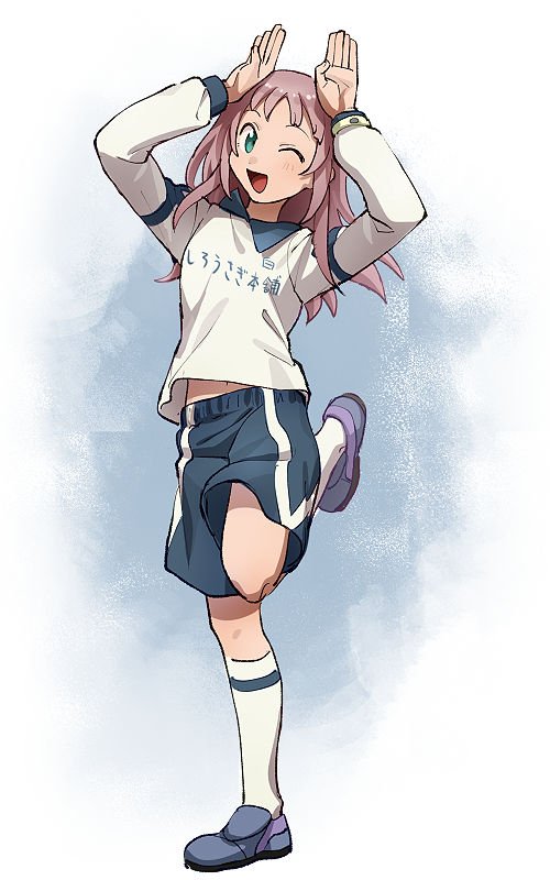 1girl, arms_up, blue_shorts, cleats, collar, collared_shirt, commentary_request, inazuma_eleven_(series)