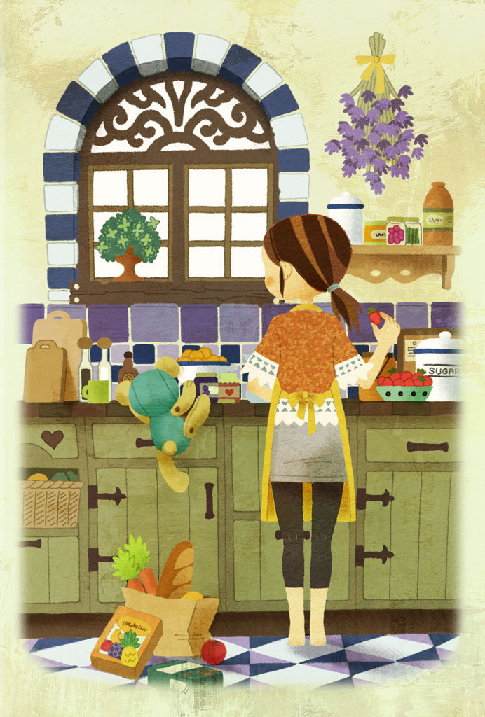 apron, baguette, barefoot, bottle, bread, brown_hair, carrot, chopping_board