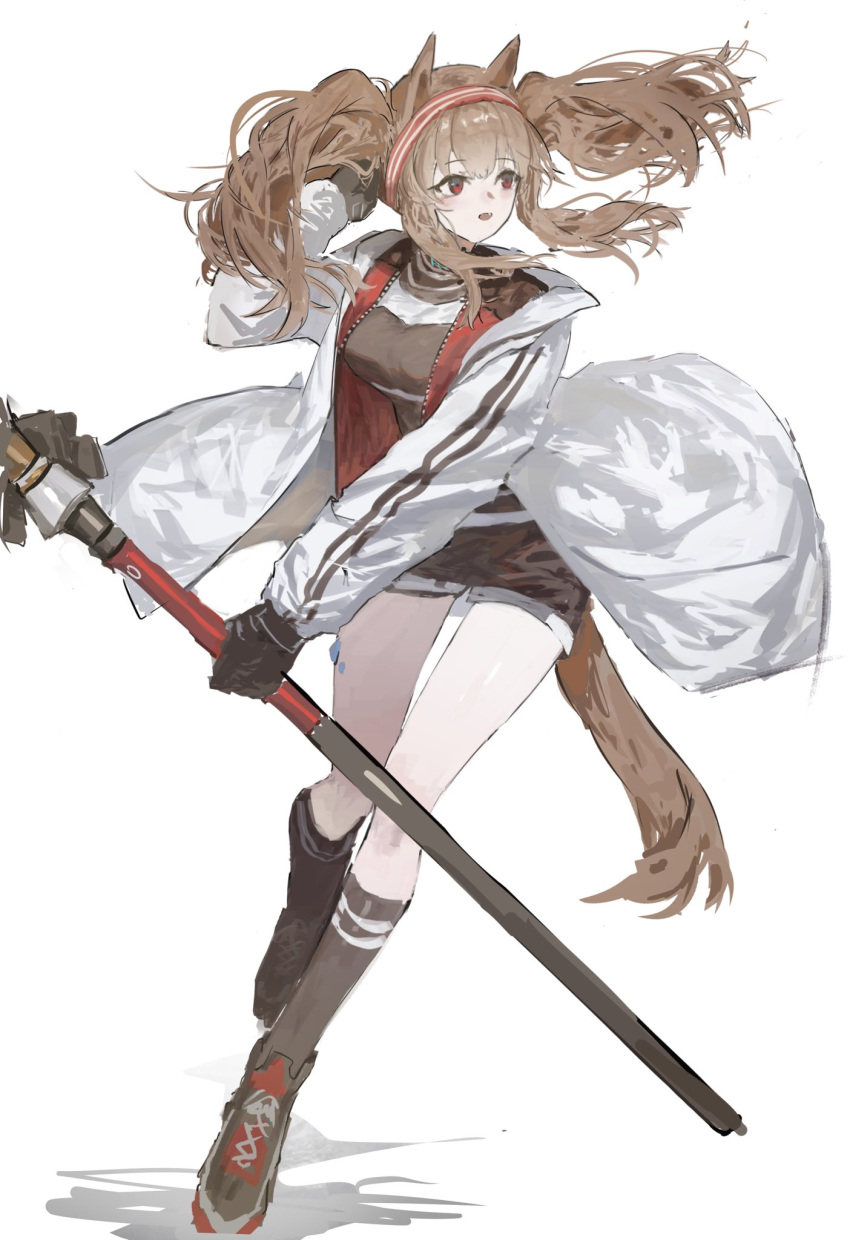 1girl, angelina_(arknights), animal_ears, arknights, arm_up, black_gloves, black_socks, brown_hair