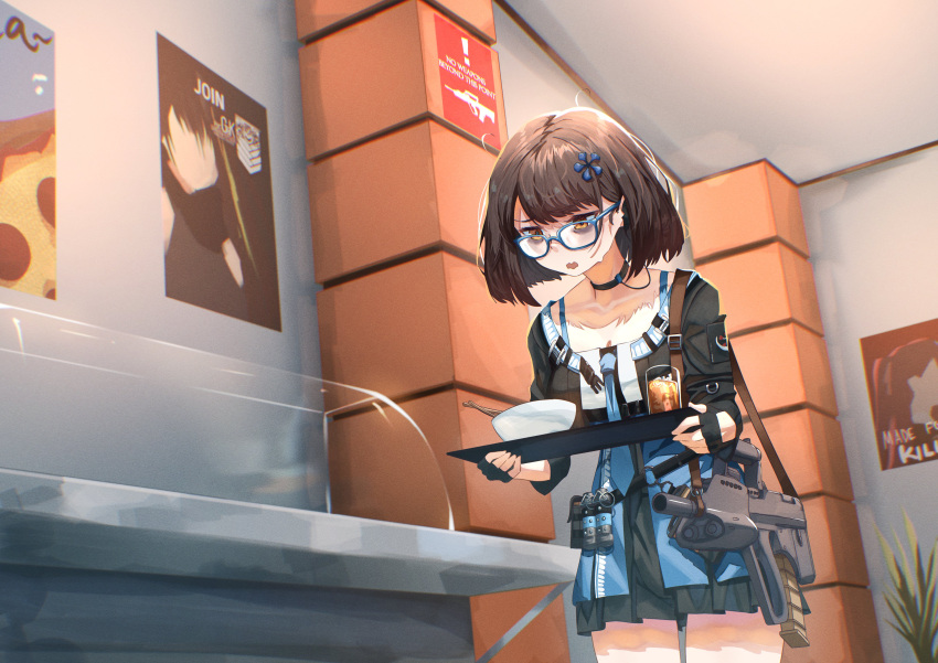 1girl, absurdres, assault_rifle, bags_under_eyes, black_choker, black_gloves, blue-framed_eyewear, bowl