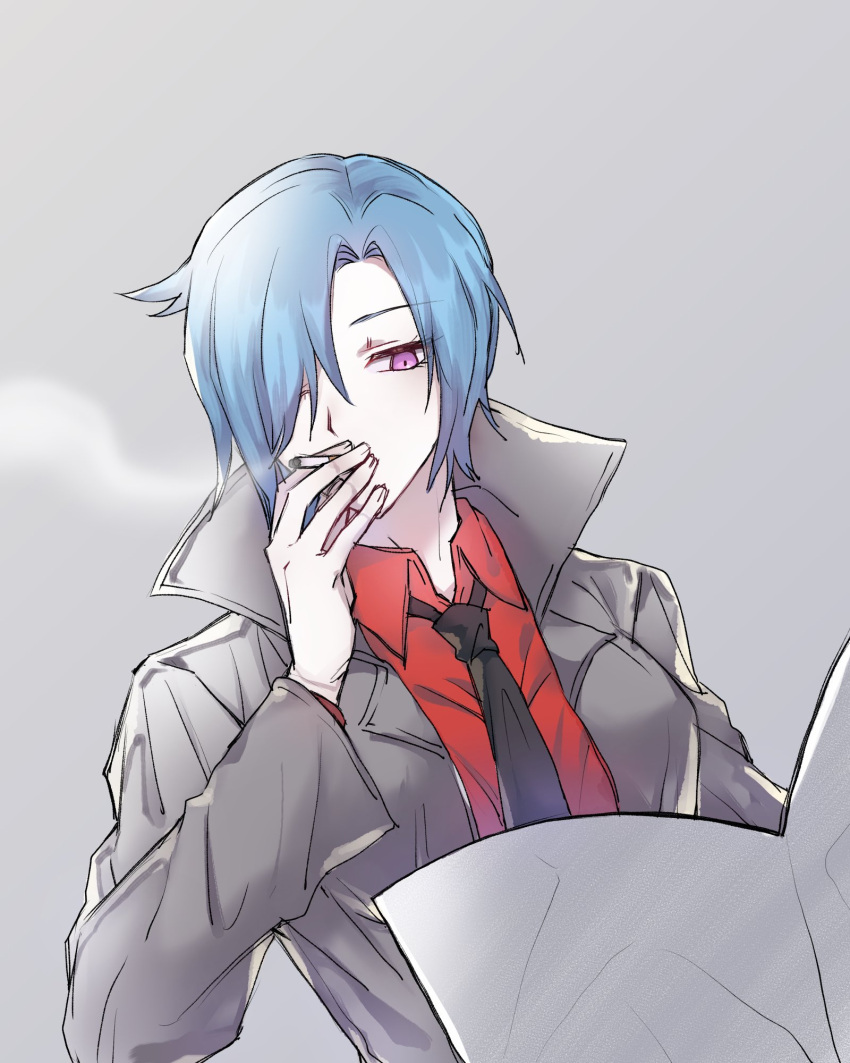 1girl, black_necktie, blue_hair, breasts, chiebukuro_setsuka, cigarette, coat, collared_coat