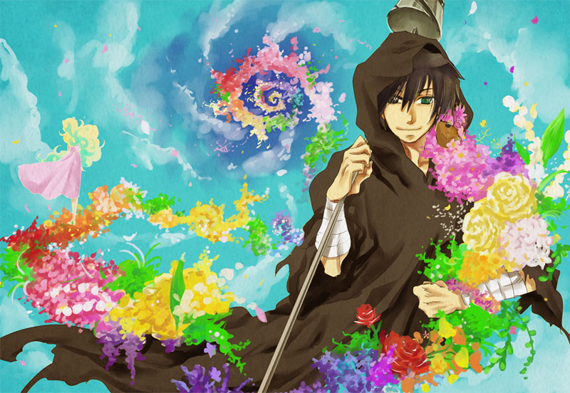 bouquet, cloak, cloud, clouds, couple, drill, flower, heterochromia, hoshino_hitsuki, nia_teppelin, polearm, simon, smile, tengen_toppa_gurren-lagann, tengen_toppa_gurren_lagann, weapon