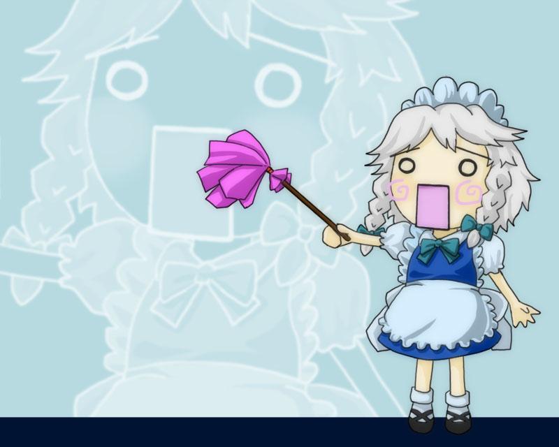 1girl, apron, blue_background, bow, braid, chibi, dress, full_body, grey_hair, hair_bow, ievan_polkka_(vocaloid), izayoi_sakuya, kana_tako, maid, maid_headdress, open_mouth, parody, short_hair, solo, touhou, twin_braids