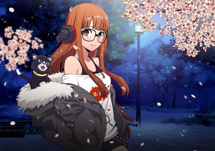 1girl, cat, female, glasses, headphones, morgana_(persona_5), persona_5, sakura_futaba