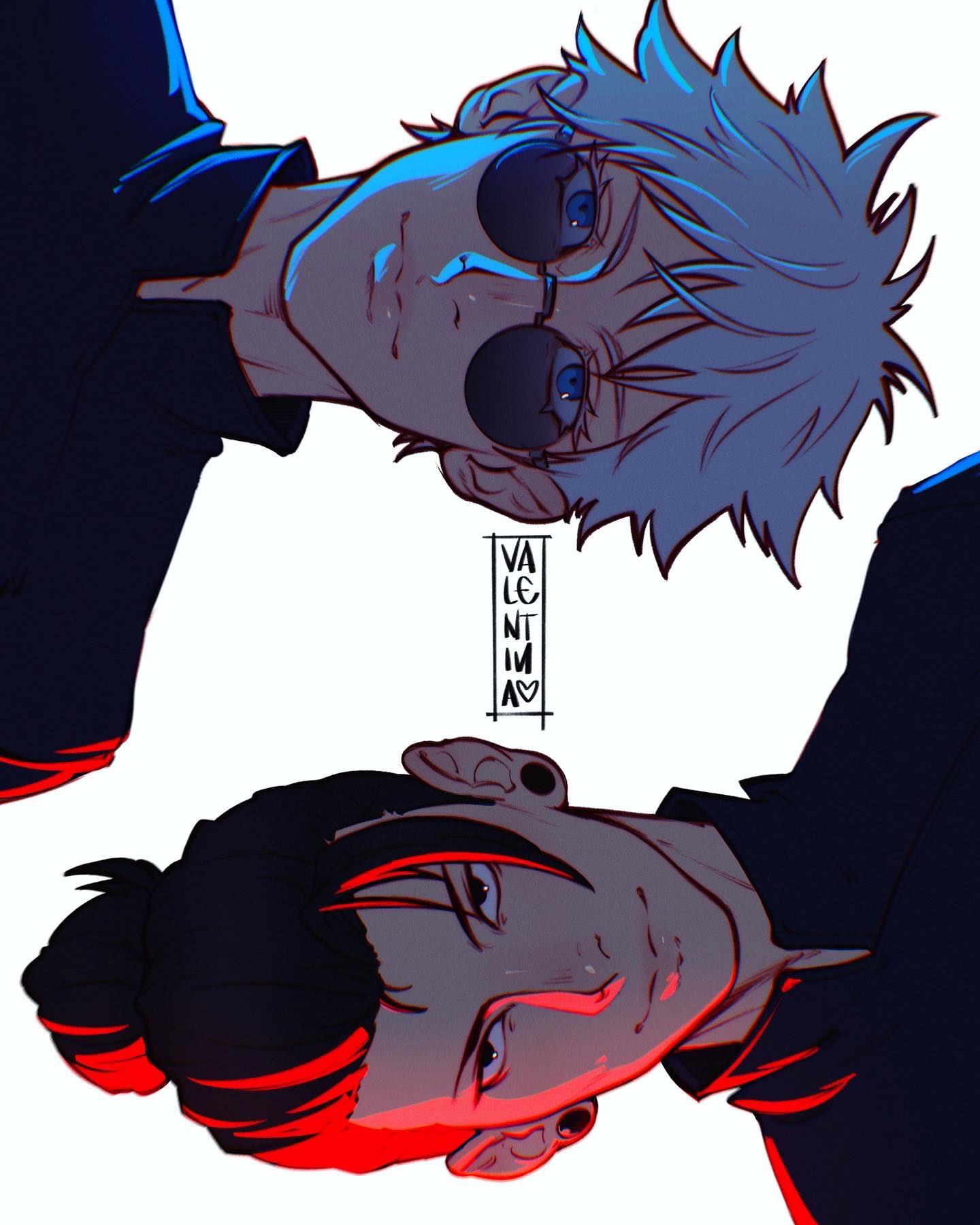 2boys, artist_name, black_hair, black_jacket, blue_eyes, earrings, getou_suguru, gojou_satoru