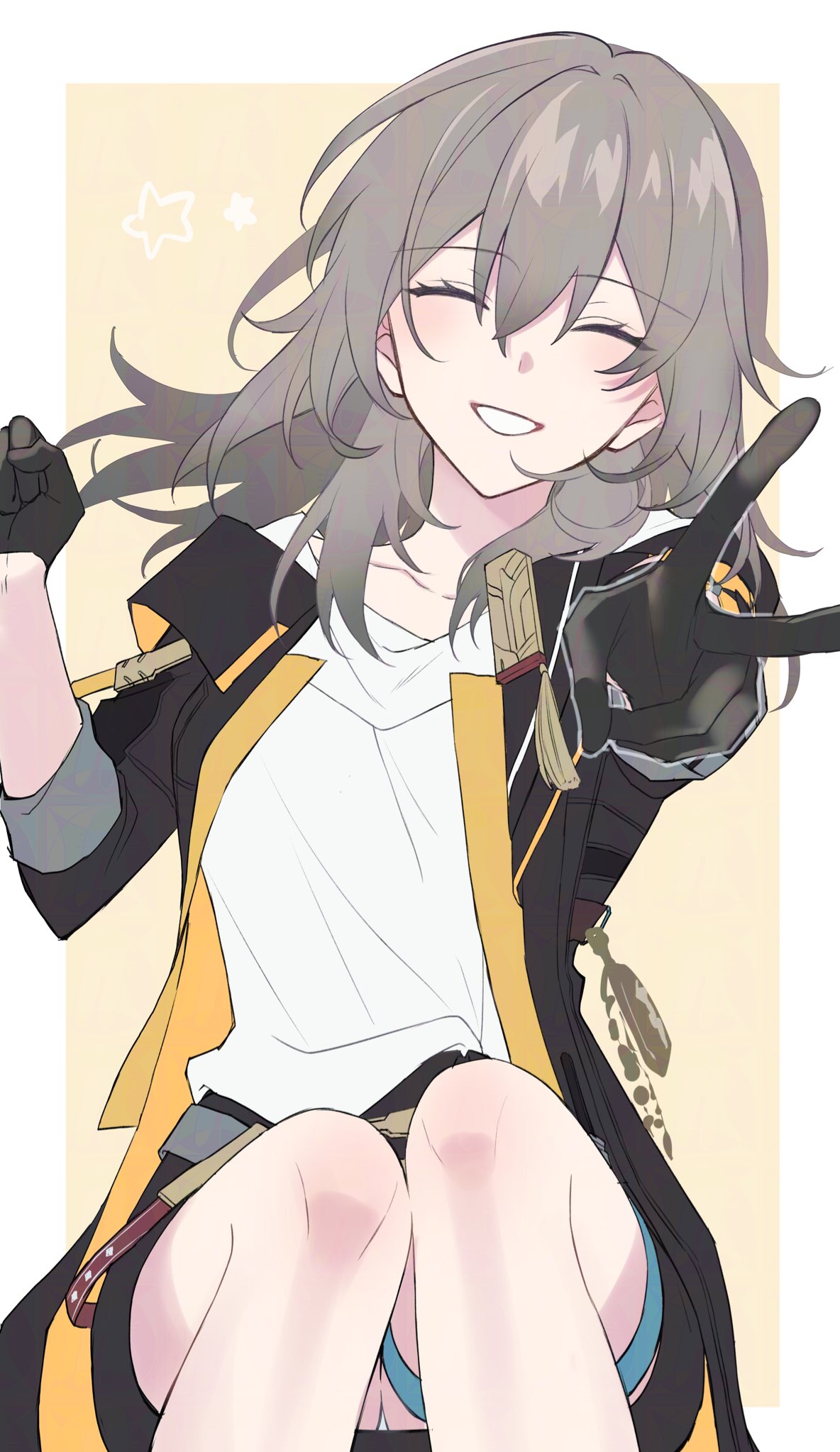 1girl, ^_^, black_gloves, black_jacket, breasts, closed_eyes, cowboy_shot, gloves
