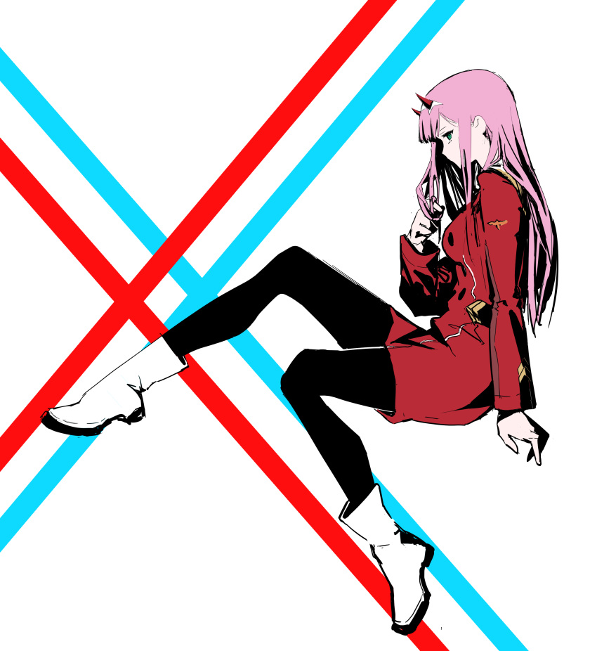 1girl, absurdres, blunt_bangs, boots, breasts, darling_in_the_franxx, green_eyes, hairband, highres, horns, jacket, killert_0401, long_hair, medium_breasts, military, military_uniform, pink_hair, playing_with_own_hair, profile, red_horns, red_jacket, simple_background, sitting, solo, straight_hair, white_hairband, zero_two_(darling_in_the_franxx)