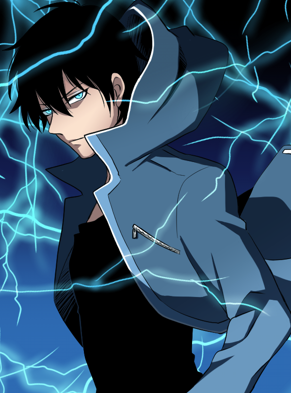 1boy, black_hair, black_shirt, blue_background, blue_eyes, blue_jacket, closed_mouth, electricity