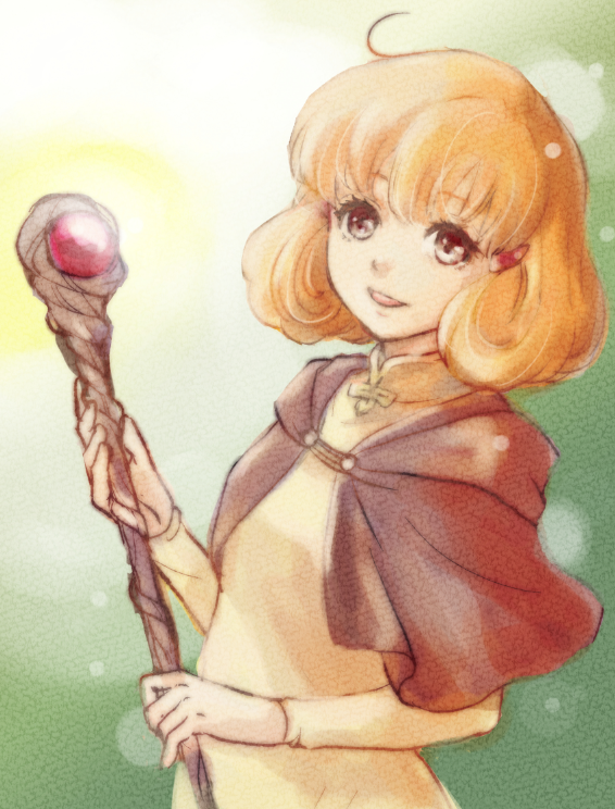 1girl, :d, breasts, brown_capelet, brown_eyes, capelet, dress, fire_emblem, fire_emblem:_genealogy_of_the_holy_war, holding, holding_staff, lana_(fire_emblem), looking_at_viewer, open_mouth, orange_hair, short_hair, small_breasts, smile, solo, staff, usachu_now, yellow_dress