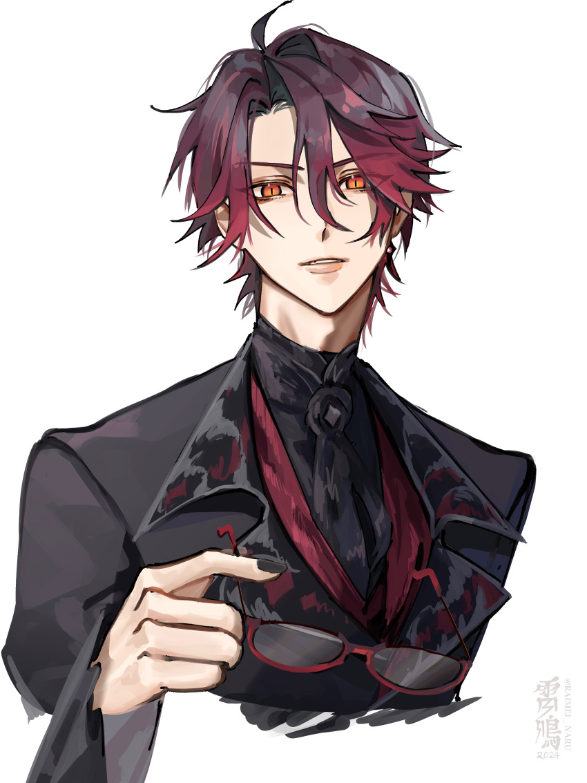 1boy, absurdres, ahoge, black_jacket, black_nails, black_shirt, fingernails, hair_between_eyes, highres, holding, holding_removed_eyewear, holostars, holostars_english, jacket, jurard_t_rexford, long_sleeves, looking_at_viewer, male_focus, nail_polish, orange_eyes, parted_lips, raimei_naru, red-framed_eyewear, redhead, semi-rimless_eyewear, shirt, short_hair, simple_background, slit_pupils, solo, suit_jacket, unworn_eyewear, upper_body, virtual_youtuber, white_background