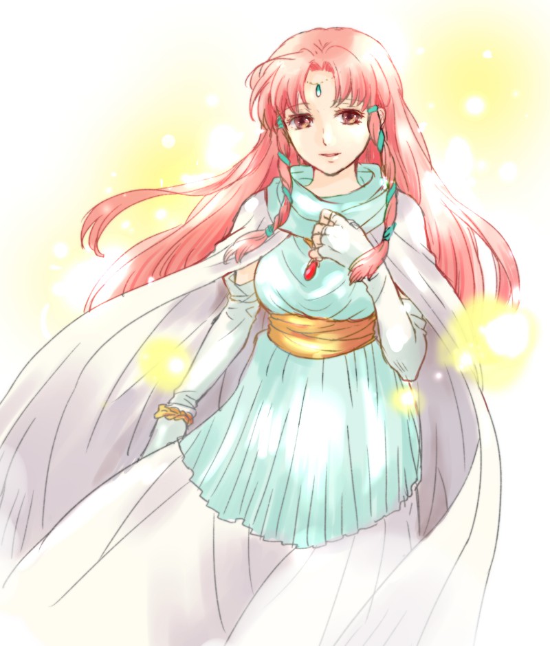 1girl, arm_up, blue_dress, breasts, cape, circlet, dress, elbow_gloves