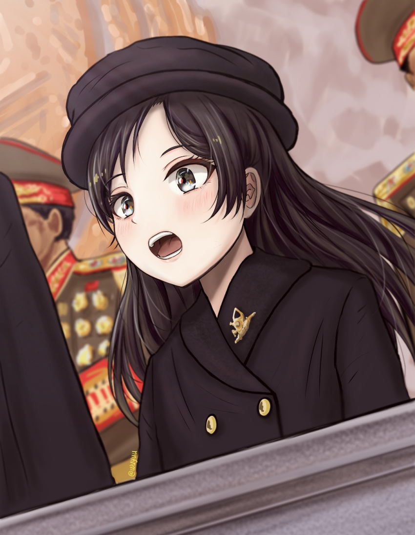 1girl, 2boys, black_hair, brooch, buttons, child, chinese_commentary, coat