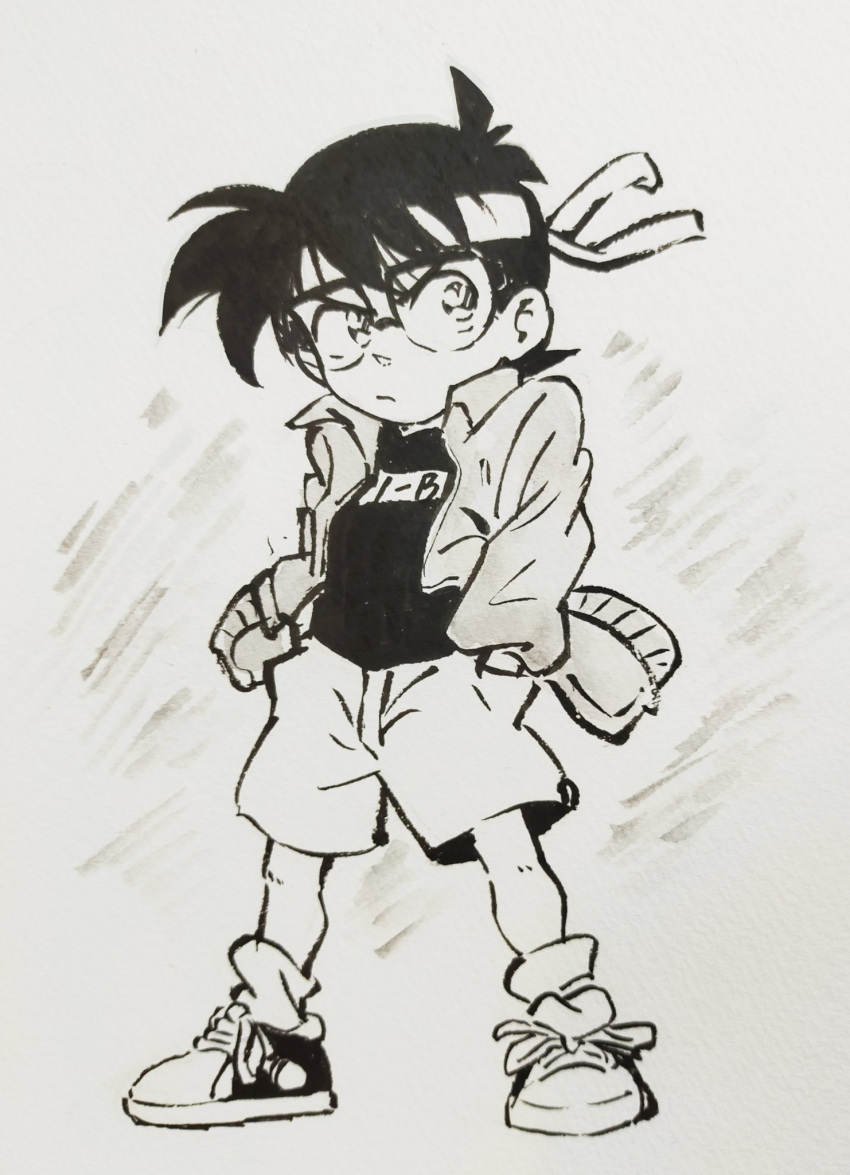 1boy, bleu_calire, closed_mouth, collared_shirt, edogawa_conan, full_body, glasses, greyscale