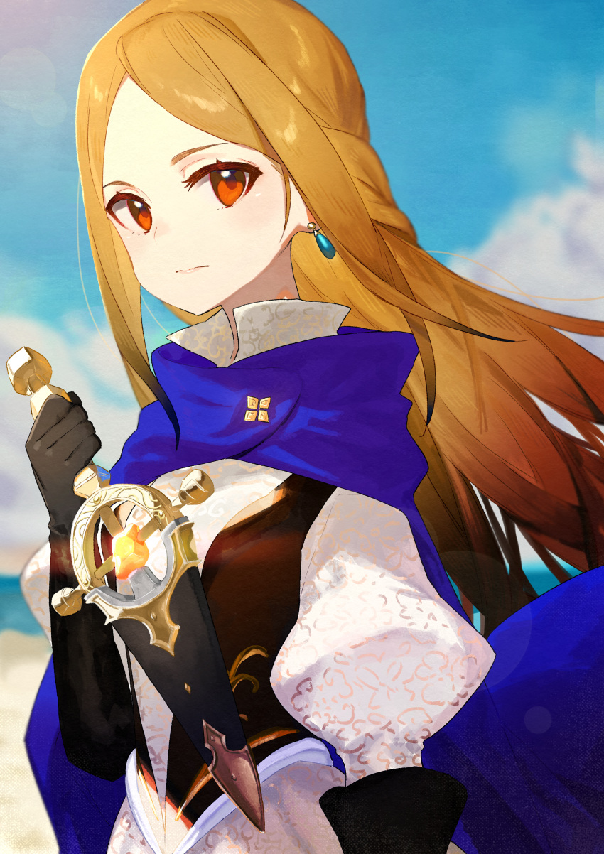 1girl, absurdres, black_gloves, black_vest, blonde_hair, blue_cape, blue_sky, bravely_default_(series), bravely_default_ii, cape, closed_mouth, clouds, commentary_request, day, dress, earrings, elbow_gloves, floating_hair, gloria_nue_musa, gloves, hamelon310, highres, holding, holding_weapon, jewelry, juliet_sleeves, light_rays, long_hair, long_sleeves, looking_at_viewer, outdoors, puffy_sleeves, red_eyes, sky, solo, sunlight, vest, weapon, white_dress