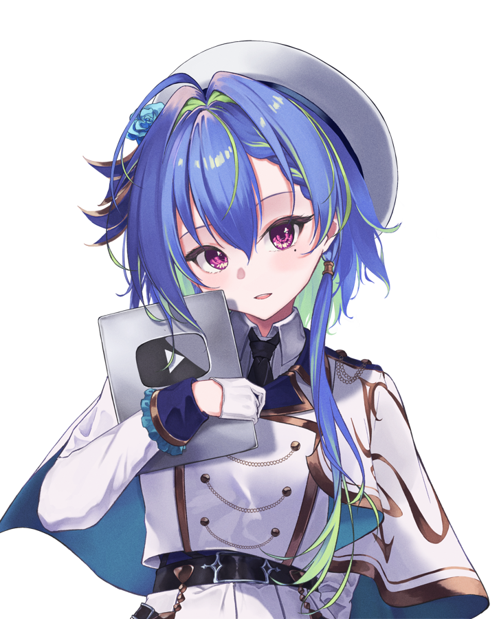 1girl, ahoge, beret, black_necktie, blue_capelet, blue_hair, blush, buttons