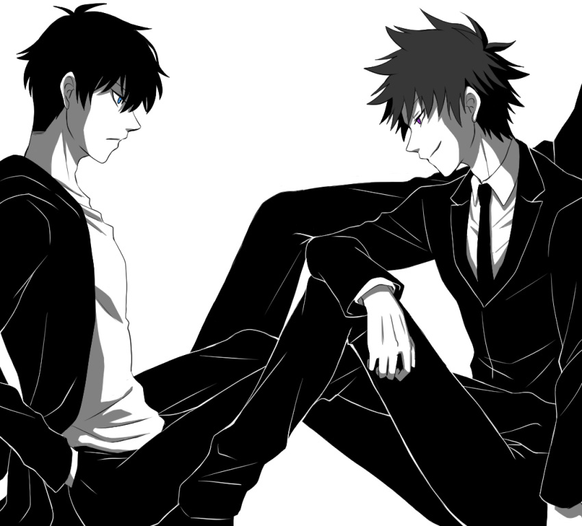 2boys, adam's_apple, arm_on_knee, black_hair, black_pants, blue_eyes, closed_mouth, collared_shirt